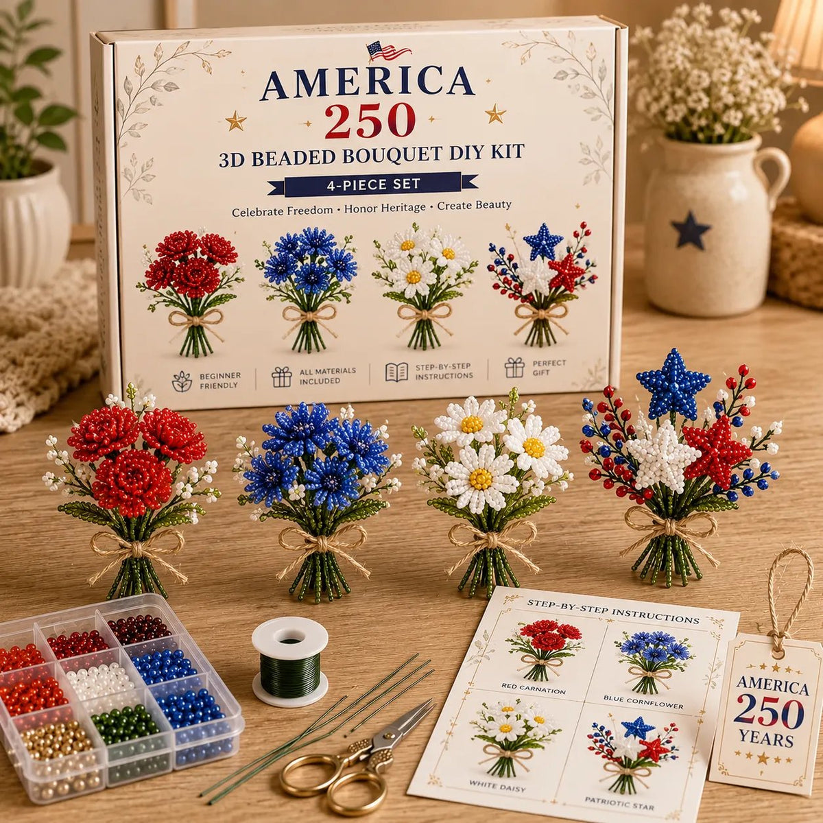 America 250 Beaded Bouquet DIY Kit – Limited Edition Patriotic Craft Collection