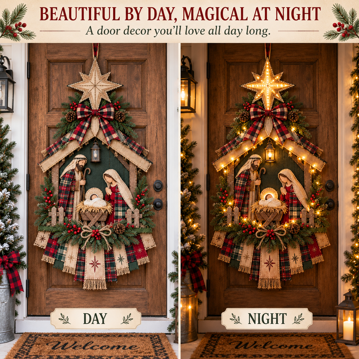 ⏳ Last Day 50% OFF – ✨ Lighted Nativity Christmas Door Hanging – Rustic Holy Family Wreath Decor 🎄