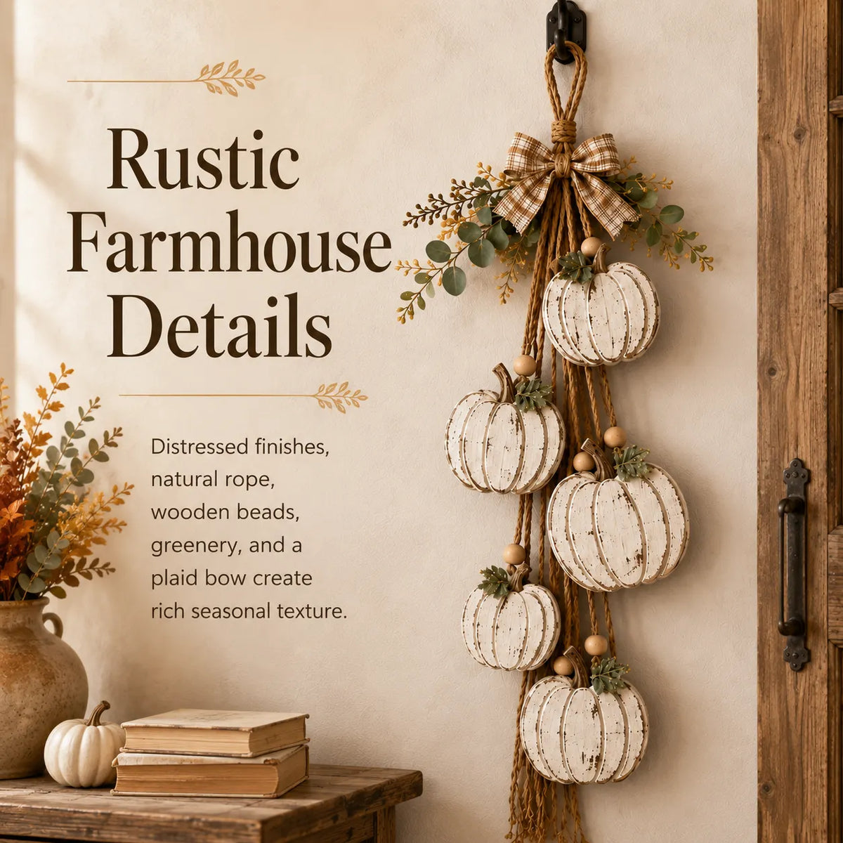 Rustic White Pumpkin Hanging Swag – 5-Pumpkin Fall Wall & Door Decor